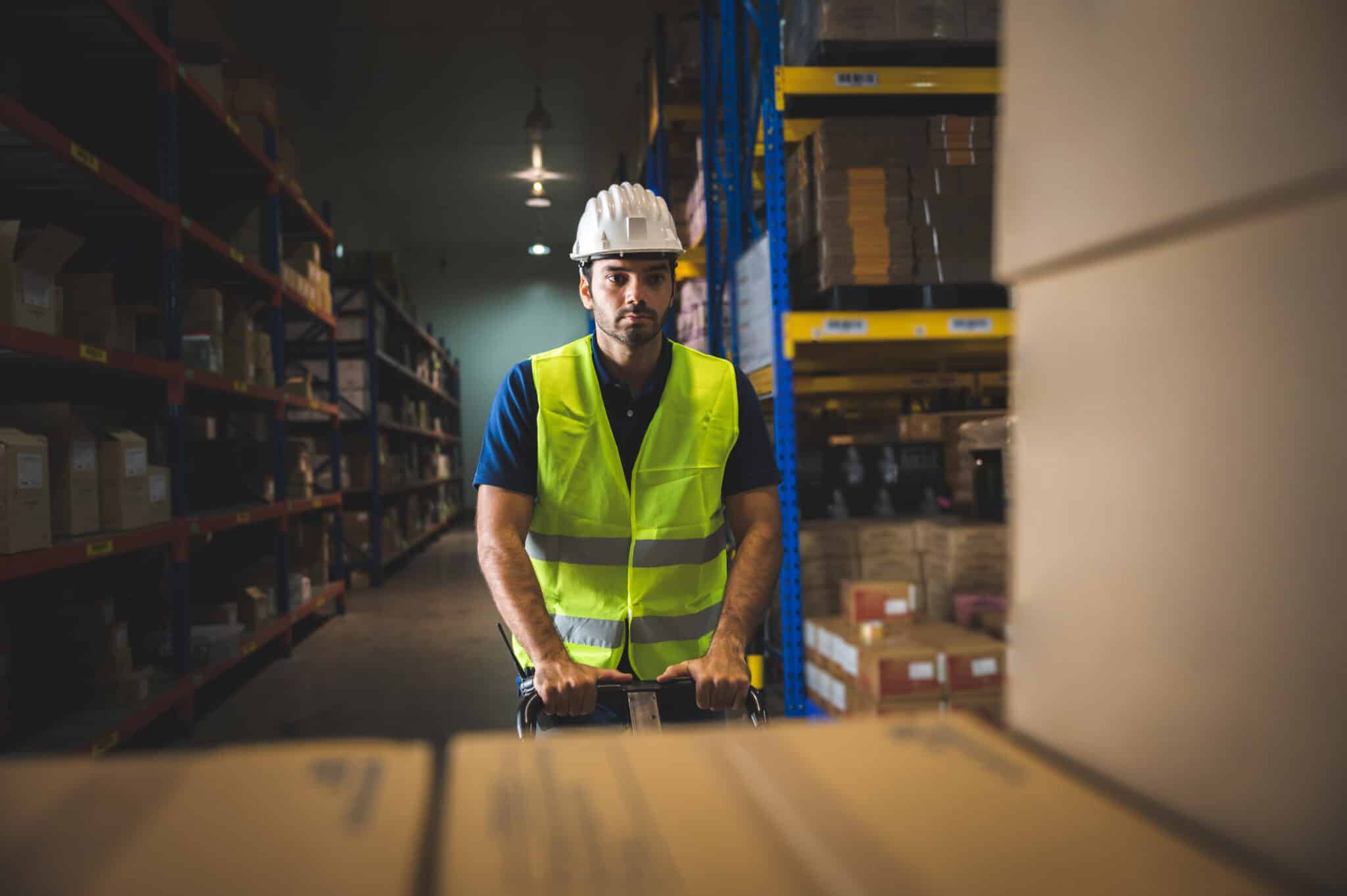 male warehouse worker in hard hat and reflective vest